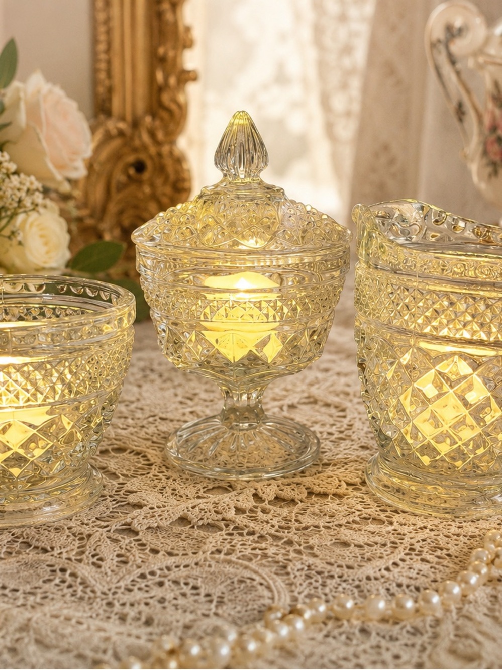 Vintage Anchor Hocking Wexford Fairy Lamp Trio Sugar Creamer & Sherbet